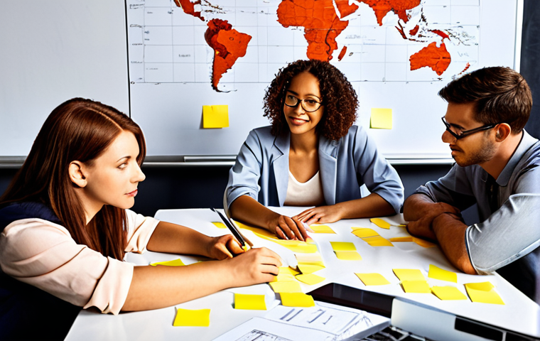 **
A diverse team of professionals (engineer, marketer, scientist) brainstorming around a table covered with sticky notes and charts. Focus on the expressions of passion and collaboration. In the background, a world map highlighting areas positively impacted by their work. Warm, inviting lighting. Emphasize the "Teamwork makes the Dream work" concept.
**