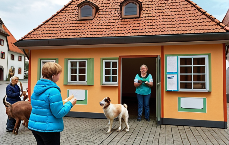 **
A heartwarming scene depicting a person donating to a local animal shelter in Germany. Show the exchange taking place, with happy staff and grateful animals in the background. Focus on the positive emotions and the feeling of contributing to a good cause. Perhaps include some traditional German architecture or a recognizable local landmark subtly in the background to emphasize the German context.
**