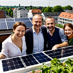 ** A diverse group of people collaborating on a rooftop garden in Berlin, showcasing urban sustainability and community impact. Include solar panels in the background and focus on the joyful, collaborative atmosphere.

**