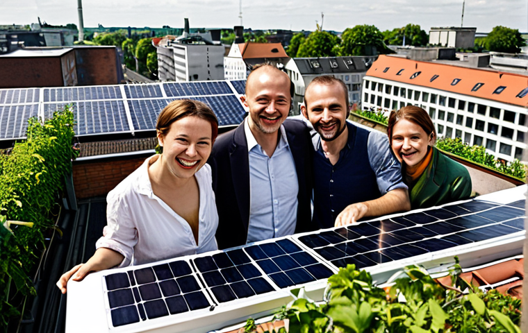** A diverse group of people collaborating on a rooftop garden in Berlin, showcasing urban sustainability and community impact. Include solar panels in the background and focus on the joyful, collaborative atmosphere.
**