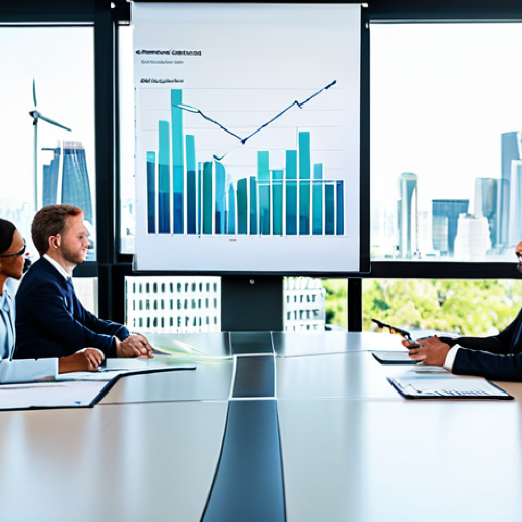 A diverse group of five professionals, including business executives, a government representative, and an investor, are gathered around a sleek, modern conference table in a sunlit, contemporary office. They are engaged in a productive discussion, with one person pointing at a holographic financial chart that subtly incorporates environmental sustainability symbols. The background features a blurred, vibrant city skyline, symbolizing economic progress and collaboration. All subjects are fully clothed in professional business attire, appearing focused and collaborative. The image should convey synergy, trust, and the scaling of positive impact. safe for work, appropriate content, fully clothed, professional, modest clothing, perfect anatomy, correct proportions, natural pose, well-formed hands, proper finger count, natural body proportions, high-quality professional photography.