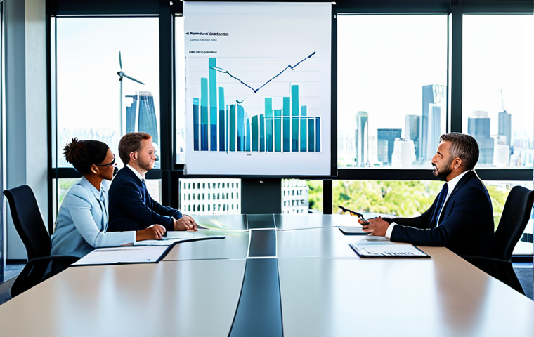 A diverse group of five professionals, including business executives, a government representative, and an investor, are gathered around a sleek, modern conference table in a sunlit, contemporary office. They are engaged in a productive discussion, with one person pointing at a holographic financial chart that subtly incorporates environmental sustainability symbols. The background features a blurred, vibrant city skyline, symbolizing economic progress and collaboration. All subjects are fully clothed in professional business attire, appearing focused and collaborative. The image should convey synergy, trust, and the scaling of positive impact. safe for work, appropriate content, fully clothed, professional, modest clothing, perfect anatomy, correct proportions, natural pose, well-formed hands, proper finger count, natural body proportions, high-quality professional photography.