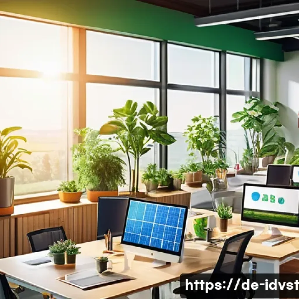 임팩트 투자 종류와 특징 - A vibrant illustration of a modern German solar energy start-up office, featuring diverse young prof...