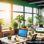 임팩트 투자 종류와 특징 - A vibrant illustration of a modern German solar energy start-up office, featuring diverse young prof...