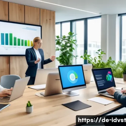 임팩트 투자와 사회적 책임 경영 - A modern German corporate office environment showing diverse business professionals engaged in a sus...