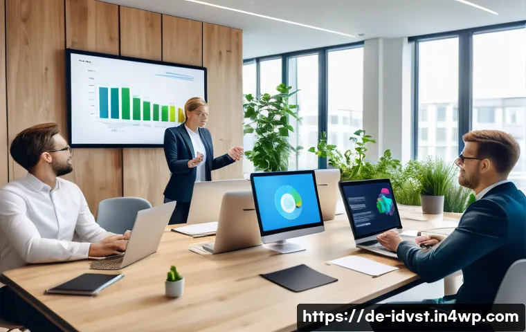 임팩트 투자와 사회적 책임 경영 - A modern German corporate office environment showing diverse business professionals engaged in a sus...