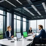 임팩트 투자와 기업의 사회적 가치 - A modern European corporate office environment focused on sustainability, showing diverse profession...