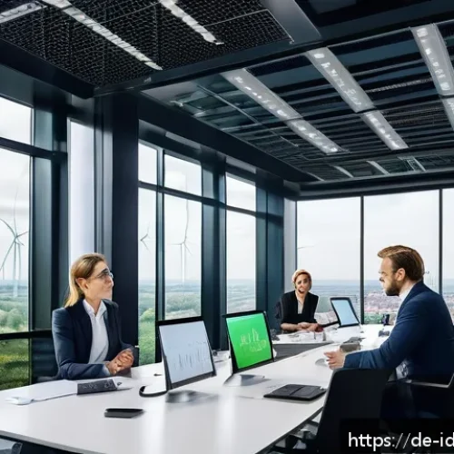 임팩트 투자와 기업의 사회적 가치 - A modern European corporate office environment focused on sustainability, showing diverse profession...