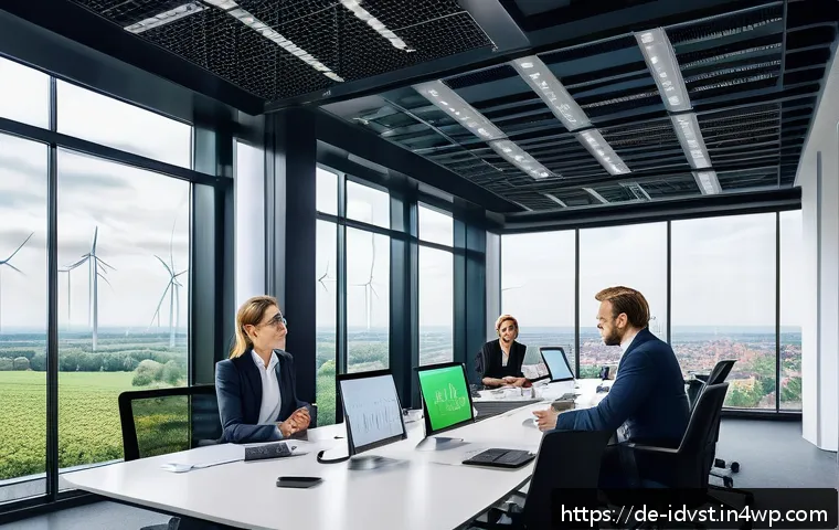 임팩트 투자와 기업의 사회적 가치 - A modern European corporate office environment focused on sustainability, showing diverse profession...