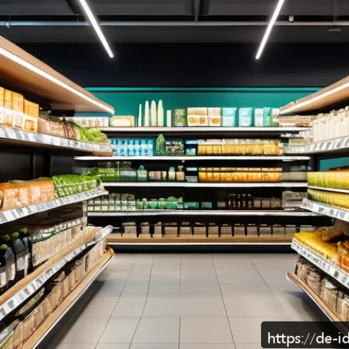 임팩트 투자와 소비자 행동 변화 - A modern European grocery store aisle showcasing a variety of sustainable products with clear eco-la...