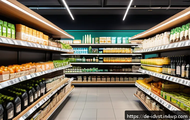 임팩트 투자와 소비자 행동 변화 - A modern European grocery store aisle showcasing a variety of sustainable products with clear eco-la...