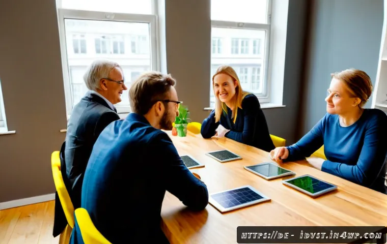 Home 17 임팩트 투자자 커뮤니티 참여하기 - Photorealistic impact investor community gathering in a bright contemporary Berlin co-working space,...